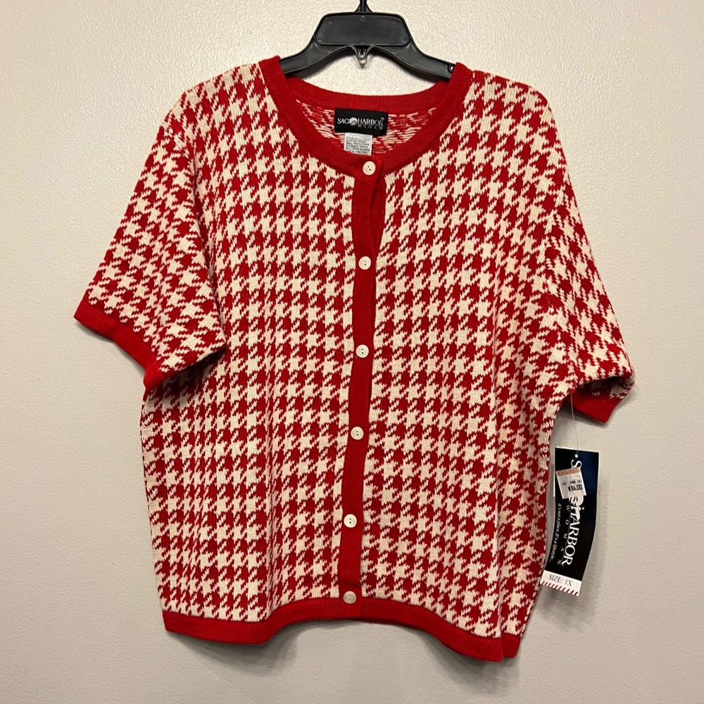 Sag Harbor Woman Red Houndstooth Short Sleeve Cardigan Sweater 1X Vintage Style